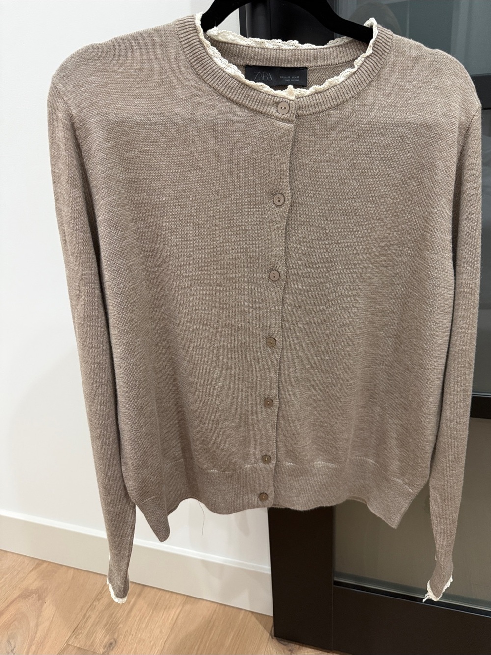 Zara Beige Crewneck Button-Front Cardigan